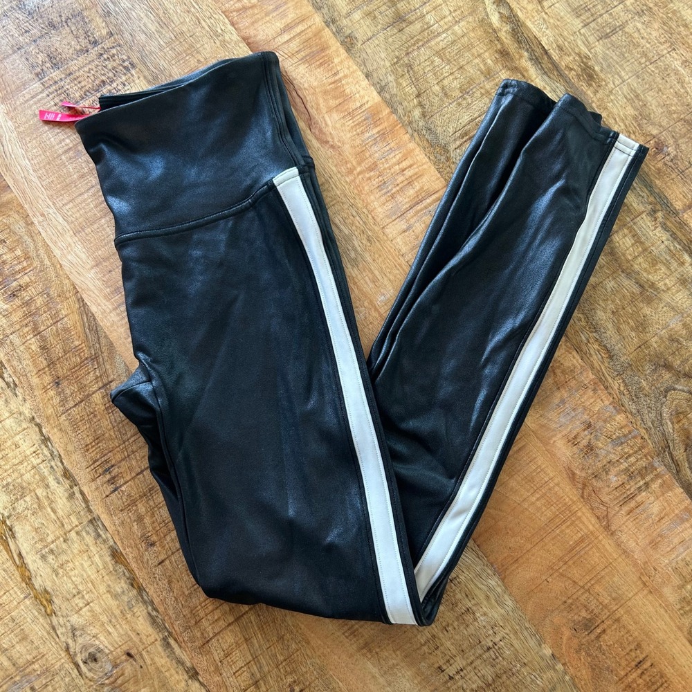 Spanx Faux Leather Side Stripe Leggings Black White Sporty High Waist Medium